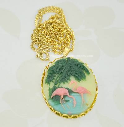 Vintage Carved Resin Pink Flamingo and Palm Tree Pendant Necklace