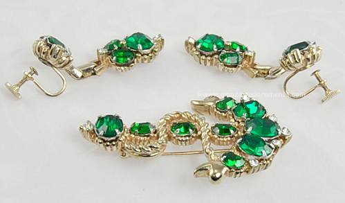 Vintage Signed Barclay Green and Clear Rhinestone Anchor Demi- parure