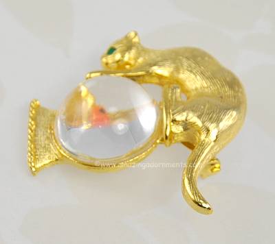 Vintage Signed Gold Crown Cat on Fish Bowl Pin
