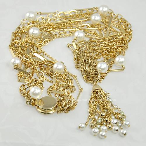 Vintage Multi Strand Chain and Faux Pearl Necklace