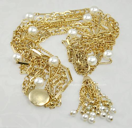 Vintage Multi Strand Chain and Faux Pearl Necklace
