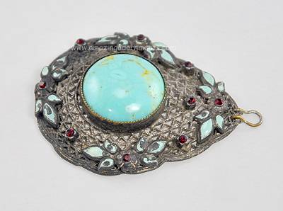 Early Twentieth Century Open Metal Work Pendant with Rhinestones and Faux Turquoise