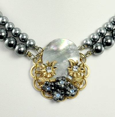 Vintage Gray Faux Pearl Necklace Signed Japan