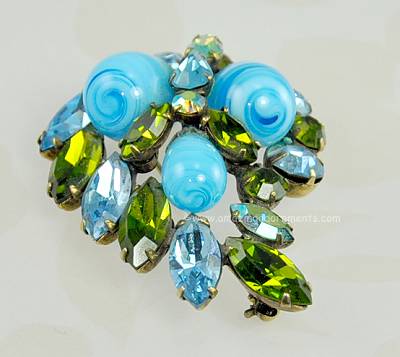 Vintage Regency Art Glass and Rhinestone Brooch