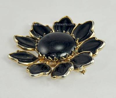 Vintage Black Glass Flower Brooch and Pendant Combo
