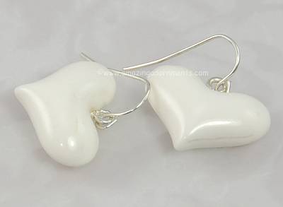 White Plastic Puffy Heart Earrings with Rhinestones