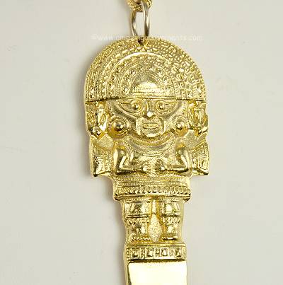 Signed Gold of Peru Gold Plated Inca Deity Figural Necklace