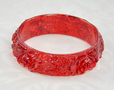 Red Plastic Bracelet with Carved Roses