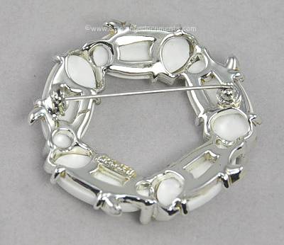 Vintage Signed Kramer White Thermoplastic Brooch with Rhinestones