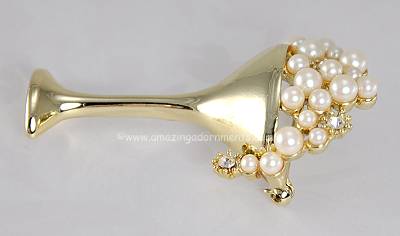 AJC Champagne Glass Brooch with Faux Pearl and Rhinestone Bubbly 