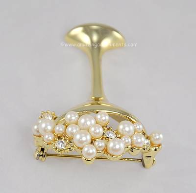 Signed AJC Champagne Glass Brooch with Faux Pearl and Rhinestone Bubbly 