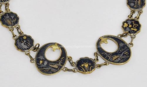 Vintage Signed JAPAN Niello Damascene on Brass Bracelet