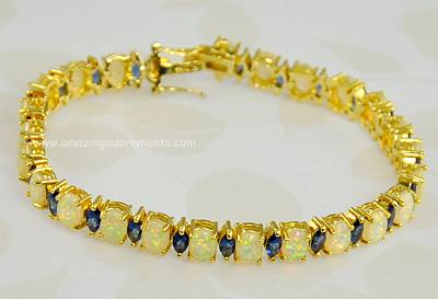 Gold Vermeil over Sterling Silver Opal Glass and Blue Rhinestone Bracelet