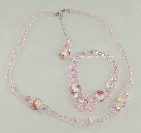 Pink Crystal and Art Glass Necklace and Bracelet