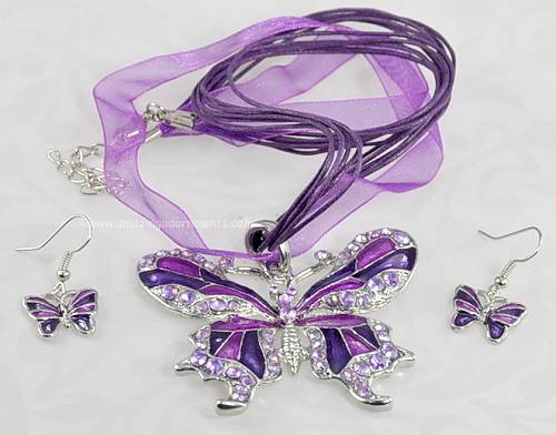 Contemporary Rhinestone and Enamel Butterfly Necklace and Earring Set