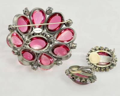 Vintage Signed Schreiner Pink Rhinestone Brooch and Earring Set