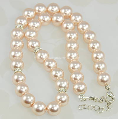 Pink Faux Pearl and Rhinestone Rondell Necklace