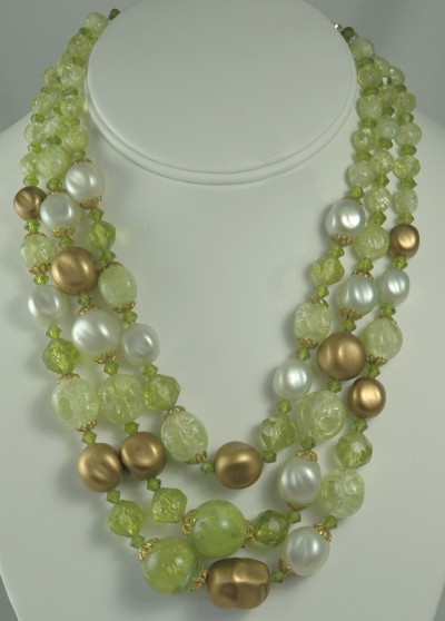 Vintage Triple Strand Necklace with Glacier Effect Beads and More Signed W. GERMANY