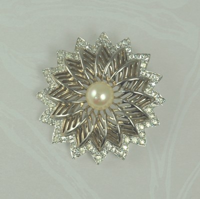 Dignified Faux Pearl and Rhinestone Brooch signed JOMAZ