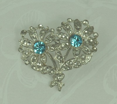 Old Pot Metal and Rhinestone Double Flower Bouquet Pin
