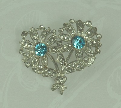 Old Pot Metal and Rhinestone Double Flower Bouquet Pin