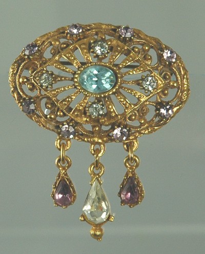 Splendid FLORENZA Rhinestone and Antique Gold Tone Brooch