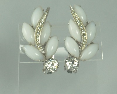 Tasteful White Glass Cabochon and Rhinestone Earrings from WEISS