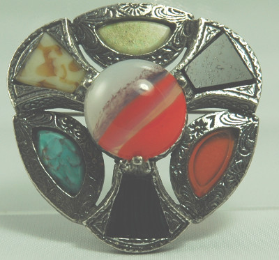 MIRACLE Brooch with Colored Glass Stones and Center Cabochon