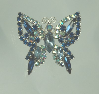 Unsigned Vintage Rhinestone Butterfly Brooch in Blue