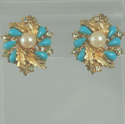 Signed ART Faux Turquoise and Pearl Dress Clips