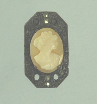 Sterling Carved Shell Cameo Clip with Marcasites