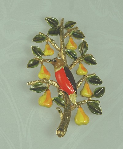 CADORO Enamel! Vintage Partridge in a Pear Tree Brooch - BOOK PIECE