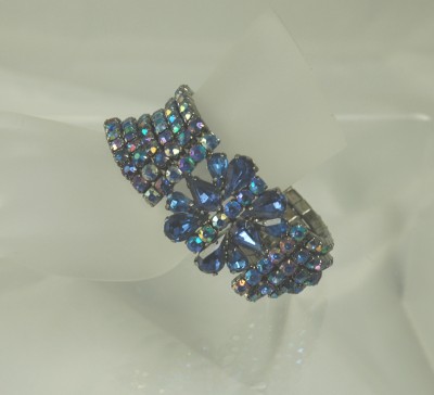 Vintage Wide and Glitzy Six Strand Aurora Borealis Rhinestone Expansion Bracelet