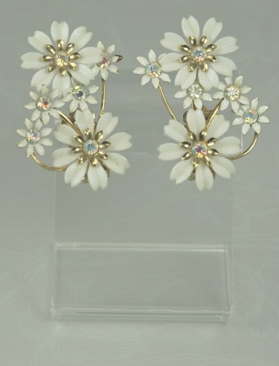 Vintage CORO White Enamel and AB Rhinestone Floral Ear Climbers