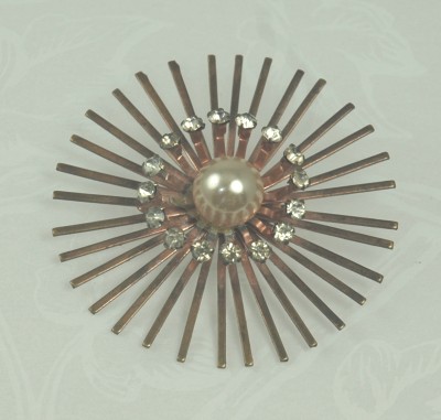 Unsigned Copper Sun Ray Brooch with Rhinestones and Faux Pearl