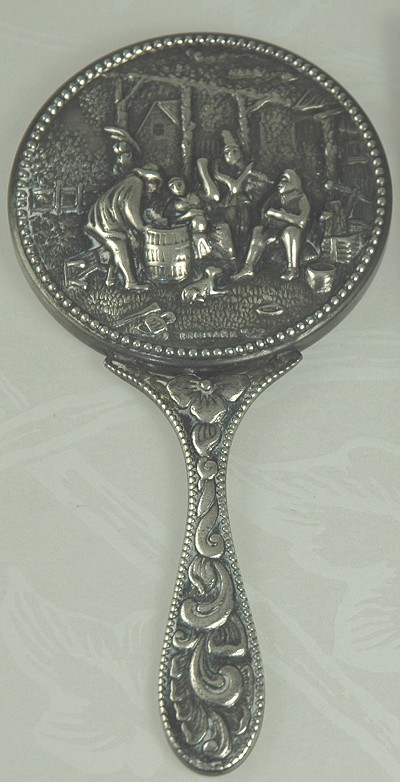 Signed DENMARK Silver Plated Hand Mirror with Cracker Barrel Scene