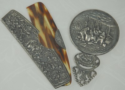 Vintage Hand Mirror and Comb Set in Repousse Signed DENMARK