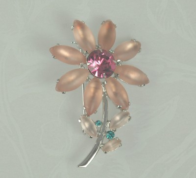 Vintage Floral Brooch with Pink and Blue Rhinestones and Pink Navettes