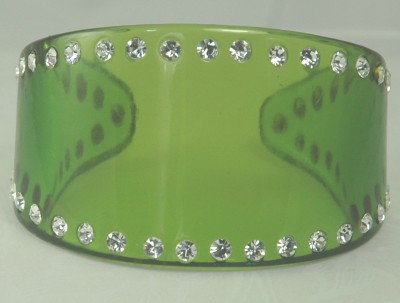 Vintage Green Plastic and Clear Rhinestone Cuff Bracelet