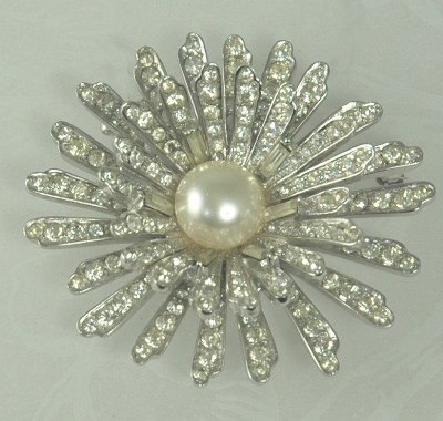 Vintage MARCEL BOUCHER Rhodium Pave Daisy Brooch with Faux Pearl