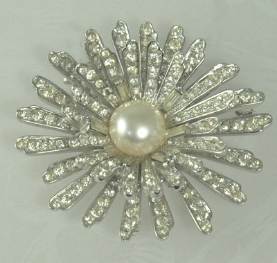 Vintage MARCEL BOUCHER Rhodium Pave Daisy Brooch with Faux Pearl