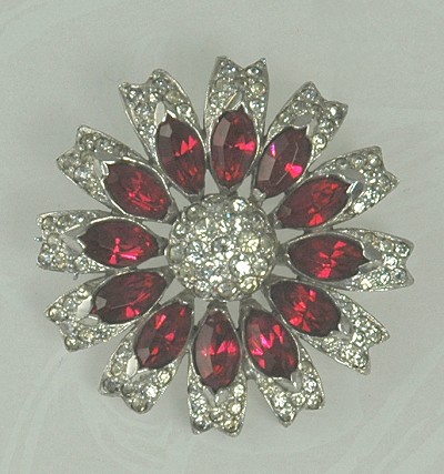 Polished Garnet and Clear Rhinestone Floral in the Boucher Style