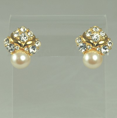 Signed MONET Contemporary Rhinestone and Faux Pearl Pierced Earrings