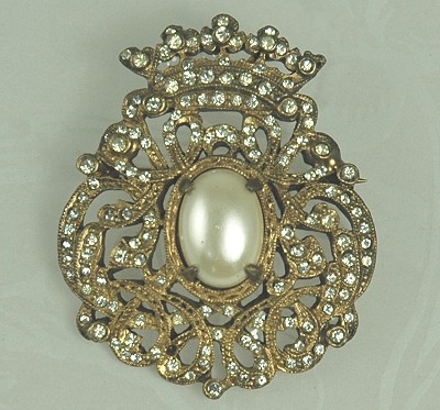 Classic CADORO Brushed Gold- tone and Rhinestone Crown Shield Pin