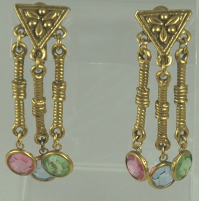 Russian Gold- tone and Glass Dangle Clip- on Earrings