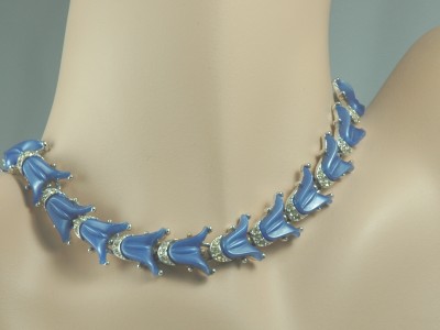 Blue Thermoplastic Floral Necklace Cupped with Clear Rhinestones