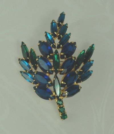 Confirmed D&E Juliana Blue and Green Rhinestone Foliate Brooch