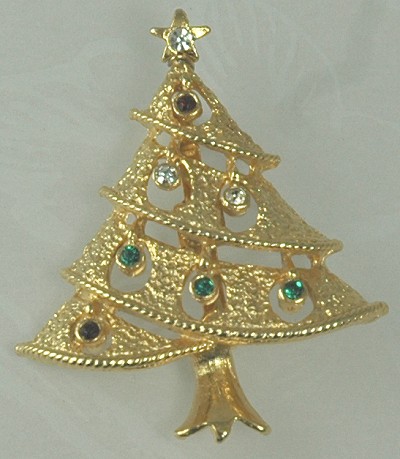 Delightful Unsigned Christmas Tree Pin with Rhinestones