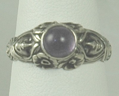 Ornate Sterling Silver Ring with Purple Glass Cabochon - Size 7