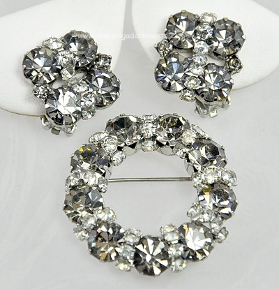 Most Impressive Vintage Smoke and Clear Rhinestone Brooch and Earring Set